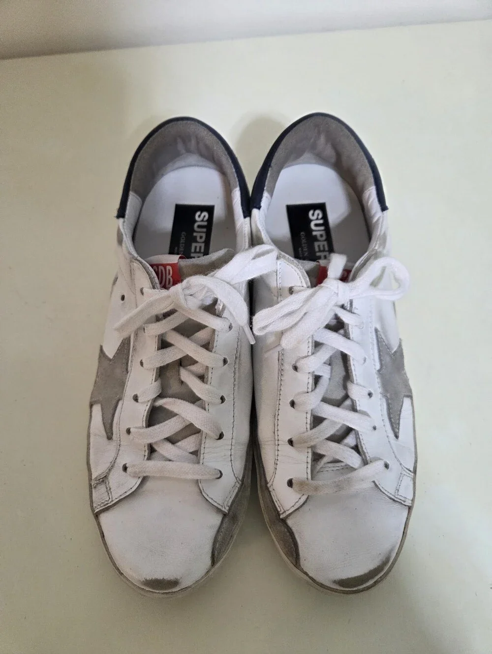 Golden Goose Super Star White Leather Sneakers with Gray Star and Navy Heel - Picture 3 of 10